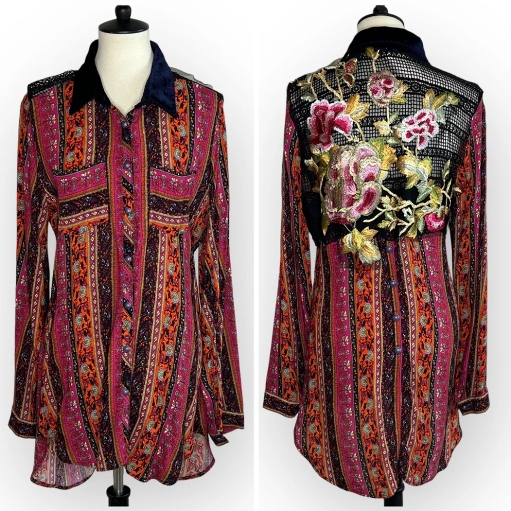 Anthropologie Cyrena Blouse XL - Elegant Embroidered Back Detail.